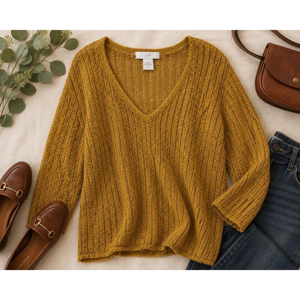 J. Jill Mustard Color Open Knit V-Neck Tunic Sweater 3/4 Sleeves Size XL